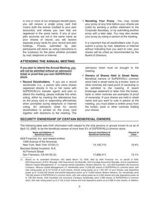 in one or more of our employee benefit plans,
you will receive a single proxy card that
covers both the shares credited to your plan
account(s) and shares you own that are
registered in the same name. If any of your
plan accounts are not in the same name as
your shares of record, you will receive
separate proxy cards for your record and plan
holdings. Proxies submitted by plan
participants will serve as voting instructions to
the trustee(s) for the plans whether provided
by mail, telephone or Internet.
• Revoking Your Proxy. You may revoke
your proxy at any time before your shares are
voted by sending a written statement to the
Corporate Secretary, or by submitting another
proxy with a later date. You may also revoke
your proxy by voting in person at the meeting.
It is important that all stockholders vote. If you
submit a proxy by mail, telephone or Internet
without indicating how you want to vote, your
shares will be voted as recommended by the
Board of Directors.
ATTENDING THE ANNUAL MEETING
If you plan to attend the Annual Meeting, you
will not be admitted without an admission
ticket or proof that you own SUPERVALU
stock.
• Record Stockholders. If you are a record
stockholder (i.e., a person who owns shares
registered directly in his or her name with
SUPERVALU’s transfer agent) and plan to
attend the meeting, please indicate this when
voting, either by marking the attendance box
on the proxy card or responding affirmatively
when prompted during telephone or Internet
voting. An admission ticket for record
stockholders is printed on the proxy card
together with directions to the meeting. The
admission ticket must be brought to the
meeting.
• Owners of Shares Held in Street Name.
Beneficial owners of SUPERVALU common
stock held in street name by a broker, bank or
other nominee will need proof of ownership to
be admitted to the meeting. A recent
brokerage statement or letter from the broker,
bank or other nominee are examples of proof
of ownership. If your shares are held in street
name and you want to vote in person at the
meeting, you must obtain a written proxy from
the broker, bank or other nominee holding
your shares.
SECURITY OWNERSHIP OF CERTAIN BENEFICIAL OWNERS
The following table sets forth information with respect to the only persons or groups known to us as of
April 15, 2005, to be the beneficial owners of more than 5% of SUPERVALU common stock.
Name and Address of
Beneficial Owner
Amount and Nature of
Beneficial Ownership
Percent of
Class
AXA Financial, Inc. and related entities
1290 Avenue of the Americas
New York, New York 10104 (1) 14,100,710 10.4%
Barclays Global Investors, N.A.
45 Fremont Street
San Francisco, CA 94105 (2) 17,606,411 13.1%
(1) Based on an amended Schedule 13G dated March 10, 2005, filed by AXA Financial, Inc. on behalf of AXA,
AXA Assurances I.A.R.D. Mutuelle, AXA Assurances Vie Mutuelle, AXA Courtage Assurance Mutuelle, and its subsidiaries,
Alliance Capital Management L.P. (a majority-owned subsidiary), Boston Advisors, Inc., and AXA Equitable Life Insurance
Company. Alliance Capital Management L.P. beneficially owns 13,248,342 shares of SUPERVALU’s common stock, with
sole voting power as to 6,715,232 of such shares, shared voting power as to 1,461,427 of such shares, sole dispositive
power as to 13,234,422 shares and shared dispositive power as to 13,920 shares. Boston Advisors, Inc. beneficially owns
136,349 shares of SUPERVALU’s common stock, with sole voting power as to 4,350 shares and sole dispositive power as
to 136,349 shares. AXA Equitable Life Insurance Company beneficially owns 2,396 shares of SUPERVALU’s common
stock, with sole voting power as to 2,150 of such shares and sole dispositive power as to 2,396 of such shares. In addition,
2
 