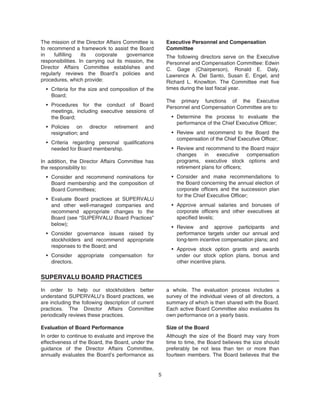 The mission of the Director Affairs Committee is
to recommend a framework to assist the Board
in fulfilling its corporate governance
responsibilities. In carrying out its mission, the
Director Affairs Committee establishes and
regularly reviews the Board’s policies and
procedures, which provide:
• Criteria for the size and composition of the
Board;
• Procedures for the conduct of Board
meetings, including executive sessions of
the Board;
• Policies on director retirement and
resignation; and
• Criteria regarding personal qualifications
needed for Board membership.
In addition, the Director Affairs Committee has
the responsibility to:
• Consider and recommend nominations for
Board membership and the composition of
Board Committees;
• Evaluate Board practices at SUPERVALU
and other well-managed companies and
recommend appropriate changes to the
Board (see “SUPERVALU Board Practices”
below);
• Consider governance issues raised by
stockholders and recommend appropriate
responses to the Board; and
• Consider appropriate compensation for
directors.
Executive Personnel and Compensation
Committee
The following directors serve on the Executive
Personnel and Compensation Committee: Edwin
C. Gage (Chairperson), Ronald E. Daly,
Lawrence A. Del Santo, Susan E. Engel, and
Richard L. Knowlton. The Committee met five
times during the last fiscal year.
The primary functions of the Executive
Personnel and Compensation Committee are to:
• Determine the process to evaluate the
performance of the Chief Executive Officer;
• Review and recommend to the Board the
compensation of the Chief Executive Officer;
• Review and recommend to the Board major
changes in executive compensation
programs, executive stock options and
retirement plans for officers;
• Consider and make recommendations to
the Board concerning the annual election of
corporate officers and the succession plan
for the Chief Executive Officer;
• Approve annual salaries and bonuses of
corporate officers and other executives at
specified levels;
• Review and approve participants and
performance targets under our annual and
long-term incentive compensation plans; and
• Approve stock option grants and awards
under our stock option plans, bonus and
other incentive plans.
SUPERVALU BOARD PRACTICES
In order to help our stockholders better
understand SUPERVALU’s Board practices, we
are including the following description of current
practices. The Director Affairs Committee
periodically reviews these practices.
Evaluation of Board Performance
In order to continue to evaluate and improve the
effectiveness of the Board, the Board, under the
guidance of the Director Affairs Committee,
annually evaluates the Board’s performance as
a whole. The evaluation process includes a
survey of the individual views of all directors, a
summary of which is then shared with the Board.
Each active Board Committee also evaluates its
own performance on a yearly basis.
Size of the Board
Although the size of the Board may vary from
time to time, the Board believes the size should
preferably be not less than ten or more than
fourteen members. The Board believes that the
5
 