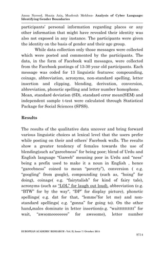 Amna Naveed, Shazia Aziz, Musferah Mehfooz- Analysis of Cyber Language: 
Identifying Gender Boundaries 
EUROPEAN ACADEMIC RESEARCH - Vol. II, Issue 7 / October 2014 
9714 
participants’ personal information regarding places or any other information that might have revealed their identity was also not exposed in any instance. The participants were given the identity on the basis of gender and their age group. 
While data collection only those messages were collected which were posted and commented by the participants. The data, in the form of Facebook wall messages, were collected from the Facebook postings of 13-30 year old participants. Each message was coded for 13 linguistic features: compounding, coinage, abbreviation, acronyms, non-standard spelling, letter insertion and clipping, blending, derivation, conversion, abbreviation, phonetic spelling and letter number homophone. 
Mean, standard deviation (SD), standard error mean(SEM) and independent sample t-test were calculated through Statistical Package for Social Sciences (SPSS). 
Results 
The results of the qualitative data uncover and bring forward various linguistic choices at lexical level that the users prefer while posting on their and others’ Facebook walls. The results show a greater tendency of females towards the use of blending(such as“gareebness” for being poor; blend of Urdu and English language “Gareeb” meaning poor in Urdu and “ness” being a prefix used to make it a noun in English , hence “gareebness” coined to mean “poverty”), conversion ( e.g. “googling” from google), compounding (such as, “hoing” for doing), coinage( e.g. “fairytalish” for kind of fairy tale), acronyms (such as “LOL” for laugh out loud), abbreviation (e.g. “BTW” for by the way", “DP” for display picture), phonetic spellings( e.g. dat for that, “lemme”for let me) and non- standard spellings( e.g. “gonna” for going to). On the other hand,males dominate in letter insertion(e.g. “waitttttttttt” for wait, “awsomeeeeeeee” for awesome), letter number  