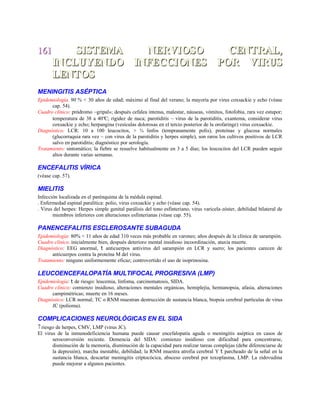 161161 SISTEMA NERVIOSO CENTRAL,SISTEMA NERVIOSO CENTRAL,
INCLUYENDO INFECCIONES POR VIRUSINCLUYENDO INFECCIONES POR VIRUS
LENTOSLENTOS
MENINGITIS ASÉPTICA
Epidemiología. 90 % < 30 años de edad; máximo al final del verano; la mayoría por virus coxsackie y echo (véase
cap. 54).
Cuadro clínico: pródromo ~gripal»; después cefalea intensa, malestar, náuseas, vómitos, fotofobia, rara vez estupor;
temperatura de 38 a 40°C; rigidez de nuca; parotiditis ~ virus de la parotiditis, exantema, considerar virus
coxsackie y echo; herpangina (vesículas dolorosas en el tercio posterior de la orofaringe) virus coxsackie.
Diagnóstico: LCR: 10 a 100 leucocitos, > ¾ linfos (tempranamente polis), proteínas y glucosa normales
(glucorraquia rara vez ~ con virus de la parotiditis y herpes simple), son raros los cultivos positivos de LCR
salvo en parotiditis; diagnóstico por serología.
Tratamiento: sintomático; la fiebre se resuelve habitualmente en 3 a 5 días; los leucocitos del LCR pueden seguir
altos durante varias semanas.
ENCEFALITIS VÍRICA
(véase cap. 57).
MIELITIS
Infección localizada en el parénquima de la médula espinal.
. Enfermedad espinal paralítica: polio, virus coxsackie y echo (véase cap. 54).
. Virus del herpes: Herpes simple genital parálisis del tono esfinteriano, virus varicela-zóster, debilidad bilateral de
miembros inferiores con alteraciones esfinterianas (véase cap. 55).
PANENCEFALITIS ESCLEROSANTE SUBAGUDA
Epidemiología: 80% < 11 años de edad 310 veces más probable en varones; años después de la clínica de sarampión.
Cuadro clínico. inicialmente bien, después deterioro mental insidioso incoordinación, ataxia muerte.
Diagnóstico: EEG anormal, t anticuerpos antivirus del sarampión en LCR y suero; los pacientes carecen de
anticuerpos contra la proteína M del virus.
Tratamiento: ninguno uniformemente eficaz; controvertido el uso de isoprinosina.
LEUCOENCEFALOPATÍA MULTIFOCAL PROGRESIVA (LMP)
Epidemiología: t de riesgo: leucemia, linfoma, carcinomatosis, SIDA.
Cuadro clínico: comienzo insidioso, alteraciones mentales orgánicas, hemiplejía, hemianopsia, afasia, alteraciones
campimétricas; muerte en 16 meses.
Diagnóstico: LCR normal; TC o RNM muestran destrucción de sustancia blanca, biopsia cerebral partículas de virus
JC (polioma).
COMPLICACIONES NEUROLÓGICAS EN EL SIDA
↑riesgo de herpes, CMV, LMP (virus JC).
El virus de la inmunodeficiencia humana puede causar encefalopatía aguda o meningitis aséptica en casos de
seroconversión reciente. Demencia del SIDA: comienzo insidioso con dificultad para concentrarse,
disminución de la memoria, disminución de la capacidad para realizar tareas complejas (debe diferenciarse de
la depresión), marcha inestable, debilidad; la RNM muestra atrofia cerebral Y t parcheado de la señal en la
sustancia blanca, descartar meningitis criptocócica, absceso cerebral por toxoplasma, LMP. La zidovudina
puede mejorar a algunos pacientes.
 