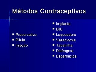 Métodos Contraceptivos






Preservativo
Pílula
Injeção







Implante
DIU
Laqueadura
Vasectomia
Tabelinha
Diafragma
Espermicida

 