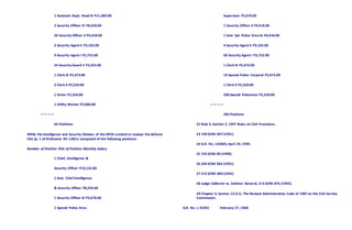 1 Assistant Dept. Head III P11,385.00
2 Security Officer IV P8,250.00
20 Security Officer II P4,418.00
2 Security Agent II P3,102.00
9 Security Agent I P2,752.00
24 Security Guard II P2,355.00
1 Clerk III P2,473.00
2 Clerk II P2,250.00
1 Driver P2,250.00
1 Utility Worker P2,000.00
————
64 Positions
While the Intelligence and Security Division of the DPOS created to replace the defunct
CSU (p. 1 of Ordinance NC-130)is composed of the following positions:
Number of Position Title of Position Monthly Salary
1 Chief, Intelligence &
Security Officer P10,135.00
1 Asst. Chief Intelligence
& Security Officer P8,250.00
1 Security Officer III P5,670.00
1 Special Police Area
Supervisor P5,670.00
1 Security Officer II P4,418.00
1 Asst. Spl. Police Area Sv P4,418.00
4 Security Agent II P3,102.00
60 Security Agent I P2,752.00
1 Clerk III P2,473.00
10 Special Police Corporal P2,473.00
1 Clerk II P2,250.00
200 Special Policemen P2,250.00
————
282 Positions
22 Rule 3, Section 2, 1997 Rules on Civil Procedure.
23 199 SCRA 497 (1991).
24 G.R. No. 135805,April 29, 1999.
25 192 SCRA 84 (1990).
26 204 SCRA 965 (1991).
27 215 SCRA 389 (1992).
28 Judge Calderon vs. Solicitor General, 215 SCRA 876 (1992).
29 Chapter 3, Section 12 (11). The Revised Administrative Code of 1987 on the Civil Service
Commission.
G.R. No. L-25491 February 27, 1968
 