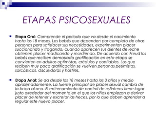 ETAPAS PSICOSEXUALES
 Etapa Oral: Comprende el periodo que va desde el nacimiento
hasta los 18 meses. Los bebés que dependen por completo de otras
personas para satisfacer sus necesidades, experimentan placer
succionando y tragando, cuando aparecen sus dientes de leche
obtienen placer masticando y mordiendo. De acuerdo con Freud los
bebés que reciben demasiada gratificación en esta etapa se
convierten en adultos optimistas, crédulos y confiables. Los que
reciben muy poca gratificación se vuelven personas pesimistas,
sarcásticas, discutidoras y hostiles.
 Etapa Anal: Se da desde los 18 meses hasta los 3 años y medio
aproximadamente. La fuente principal de placer sexual cambia de
la boca al ano. El entrenamiento de control de esfínteres tiene lugar
justo alrededor del momento en el que los niños empiezan a derivar
placer de retener y excretar las heces, por lo que deben aprender a
regular este nuevo placer.
 