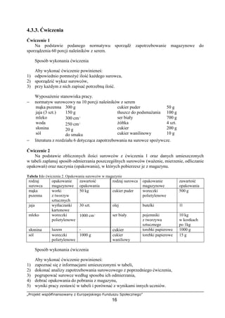 „Projekt współfinansowany z Europejskiego Funduszu Społecznego”
16
4.3.3. Ćwiczenia
Ćwiczenie 1
Na podstawie podanego normatywu sporządź zapotrzebowanie magazynowe do
sporządzenia 60 porcji naleśników z serem.
Sposób wykonania ćwiczenia
Aby wykonać ćwiczenie powinieneś:
1) odpowiednio pomnożyć ilość każdego surowca,
2) sporządzić wykaz surowców,
3) przy każdym z nich zapisać potrzebną ilość.
Wyposażenie stanowiska pracy.
− normatyw surowcowy na 10 porcji naleśników z serem
mąka pszenna
jaja (3 szt.)
mleko
woda
słonina
sól
300 g
150 g
300 cm³
250 cm³
20 g
do smaku
cukier puder
tłuszcz do podsmażania
ser biały
żółtka
cukier
cukier wanilinowy
50 g
100 g
700 g
4 szt.
200 g
10 g
− literatura z rozdziału 6 dotycząca zapotrzebowania na surowce spożywcze.
Ćwiczenie 2
Na podstawie obliczonych ilości surowców z ćwiczenia 1 oraz danych umieszczonych
w tabeli zaplanuj sposób odmierzania poszczególnych surowców (ważenie, mierzenie, odliczanie
opakowań) oraz naczynia (opakowania), w których pobierzesz je z magazynu.
Tabela 1do ćwiczenia 2. Opakowania surowców w magazynie
rodzaj
surowca
opakowanie
magazynowe
zawartość
opakowania
rodzaj surowca opakowanie
magazynowe
zawartość
opakowania
mąka
pszenna
worki
z tworzyw
sztucznych
50 kg cukier puder woreczki
polietylenowe
500 g
jaja wytłaczanki
kartonowe
30 szt. olej butelki 1l
mleko woreczki
polietylenowe
1000 cm³ ser biały pojemniki
z tworzywa
sztucznego
10 kg
w kostkach
po 1kg
słonina luzem - cukier torebki papierowe 1000 g
sól woreczki
polietylenowe
1000 g cukier
waniliowy
torebki papierowe 15 g
Sposób wykonania ćwiczenia
Aby wykonać ćwiczenie powinieneś:
1) zapoznać się z informacjami umieszczonymi w tabeli,
2) dokonać analizy zapotrzebowania surowcowego z poprzedniego ćwiczenia,
3) pogrupować surowce według sposobu ich odmierzania,
4) dobrać opakowania do pobrania z magazynu,
5) wyniki pracy zestawić w tabeli i porównać z wynikami innych uczniów.
 