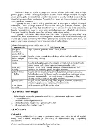 „Projekt współfinansowany z Europejskiego Funduszu Społecznego”
24
Popularne i łatwe w użyciu są przyprawy suszone mielone (mieszanki, różne rodzaje
pieprzu, papryka i inne). Jakość tych przypraw znacznie jednak odbiega od całych suszonych
ziaren (pieprz, gałka muszkatołowa), kawałków (cynamon w laskach, wanilia), które miele się,
tłucze lub ściera przed samym użyciem. Aromat tych przypraw jest bogatszy i nadają one lepsze
walory smakowe potrawom.
Przyprawy suszone, czosnek, należy przechowywać w magazynach suchych, ciemnych
i chłodnych. Cebula wymaga warunków składowania takich jak warzywa okopowe, koper
włoski, kłącza imbiru powinny być przechowywane w chłodni. Świeże zioła (majeranek,
bazylia, tymianek i inne) mogą być uprawiane w doniczkach przez cały rok, choć w okresie zimy
ich aromat i smak jest słabiej wyczuwalny, niż latem, kiedy rosną w słońcu.
Przyprawy i zioła można także zalewać oliwą lub octem. Otrzymuje się wtedy oliwy i octy
aromatyczne, które można stosować do wielu potraw. Również dobre efekty smakowe uzyskuje
się nie tylko przez nacieranie półproduktów przyprawami suchymi (mięso, drób, ryby), ale
poprzez smarowanie ich przyprawami wymieszanymi z oliwą lub olejem.
Tabela 6. Zastosowanie przypraw i ziół [na podst.1, s. 91]
zastosowanie zioła i przyprawy
pieczywo
cukiernicze,
ciasta, słodycze
anyż, cynamon, goździki, imbir, szafran, wanilia
pomidory, ogórki,
świeża papryka,
cukinia
bazylia, cebula, czosnek, koperek, koper włoski, nać pietruszki, pieprz
czarny, biały, zielony
sałatki bazylia, chili, cebula, czosnek, estragon, koperek, melisa, nać pietruszki,
pieprz czarny, biały, zielony, cayenne, papryka słodka i ostra
zupy, sosy,
wywary
bazylia, chrzan, curry, czosnek, estragon, gałka muszkatołowa, liść
laurowy, nać pietruszki, pieprz, szczypior, tymianek
potrawy z mięs
i drobiu
bazylia, cebula, chrzan, curry, czosnek, cynamon, estragon, goździki,
kolendra, kurkuma, liść laurowy, gałka muszkatołowa, majeranek, mięta,
oregano, papryka słodka i ostra, nać pietruszki, pieprz czarny, biały,
zielony, rozmaryn, szałwia, szczypior, tymianek
potrawy rybne bazylia, chrzan, czosnek, curry, imbir, koperek, kolendra, liść laurowy,
majeranek, papryka, nać pietruszki, szczypior, mięta
wina, likiery
cocktaile
anyż, cynamon, goździki, melisa, mięta
4.5.2. Pytania sprawdzające
Odpowiadając na pytania, sprawdzisz, czy jesteś przygotowany do wykonania ćwiczeń.
1. Co to są przyprawy?
2. Jakie znasz warzywa przyprawowe?
3. Jakie jest działanie przypraw na organizm człowieka?
4. Jak należy przechowywać przyprawy?
4.5.3.Ćwiczenia
Ćwiczenie 1
Porównaj próbki różnych przypraw przygotowanych przez nauczyciela. Określ ich wygląd,
barwę, smak i zapach. Rozpoznaj je, zakwalifikuj do odpowiednich grup i zaproponuj
zastosowanie.
 