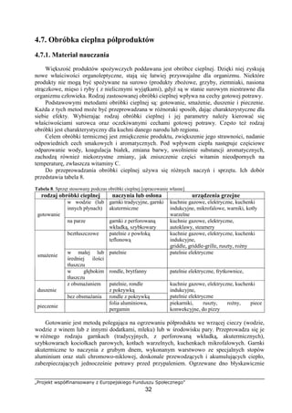 „Projekt współfinansowany z Europejskiego Funduszu Społecznego”
32
4.7. Obróbka cieplna półproduktów
4.7.1. Materiał nauczania
Większość produktów spożywczych poddawana jest obróbce cieplnej. Dzięki niej zyskują
nowe właściwości organoleptyczne, stają się łatwiej przyswajalne dla organizmu. Niektóre
produkty nie mogą być spożywane na surowo (produkty zbożowe, grzyby, ziemniaki, nasiona
strączkowe, mięso i ryby ( z nielicznymi wyjątkami), gdyż są w stanie surowym niestrawne dla
organizmu człowieka. Rodzaj zastosowanej obróbki cieplnej wpływa na cechy gotowej potrawy.
Podstawowymi metodami obróbki cieplnej są: gotowanie, smażenie, duszenie i pieczenie.
Każda z tych metod może być przeprowadzana w różnoraki sposób, dając charakterystyczne dla
siebie efekty. Wybierając rodzaj obróbki cieplnej i jej parametry należy kierować się
właściwościami surowca oraz oczekiwanymi cechami gotowej potrawy. Często też rodzaj
obróbki jest charakterystyczny dla kuchni danego narodu lub regionu.
Celem obróbki termicznej jest zmiękczenie produktu, zwiększenie jego strawności, nadanie
odpowiednich cech smakowych i aromatycznych. Pod wpływem ciepła następuje częściowe
odparowanie wody, koagulacja białek, zmiana barwy, uwolnienie substancji aromatycznych,
zachodzą również niekorzystne zmiany, jak zniszczenie części witamin nieodpornych na
temperaturę, zwłaszcza witaminy C.
Do przeprowadzania obróbki cieplnej używa się różnych naczyń i sprzętu. Ich dobór
przedstawia tabela 8.
Tabela 8. Sprzęt stosowany podczas obróbki cieplnej [opracowanie własne]
rodzaj obróbki cieplnej naczynia lub osłona urządzenia grzejne
w wodzie (lub
innych płynach)
garnki tradycyjne, garnki
akutermiczne
kuchnie gazowe, elektryczne, kuchenki
indukcyjne, mikrofalowe, warniki, kotły
warzelnegotowanie
na parze garnki z perforowaną
wkładką, szybkowary
kuchnie gazowe, elektryczne,
autoklawy, steamery
beztłuszczowe patelnie z powłoką
teflonową
kuchnie gazowe, elektryczne, kuchenki
indukcyjne,
griddle, griddle-grille, ruszty, rożny
w małej lub
średniej ilości
tłuszczu
patelnie patelnie elektryczne
smażenie
w głębokim
tłuszczu
rondle, brytfanny patelnie elektryczne, frytkownice,
z obsmażaniem patelnie, rondle
z pokrywkąduszenie
bez obsmażania rondle z pokrywką
kuchnie gazowe, elektryczne, kuchenki
indukcyjne,
patelnie elektryczne
pieczenie
folia aluminiowa,
pergamin
piekarniki, ruszty, rożny, piece
konwekcyjne, do pizzy
Gotowanie jest metodą polegająca na ogrzewaniu półproduktu we wrzącej cieczy (wodzie,
wodzie z winem lub z innymi dodatkami, mleku) lub w środowisku pary. Przeprowadza się je
w różnego rodzaju garnkach (tradycyjnych, z perforowaną wkładką, akutermicznych),
szybkowarach kociołkach parowych, kotłach warzelnych, kuchenkach mikrofalowych. Garnki
akutermiczne to naczynia z grubym dnem, wykonanym warstwowo ze specjalnych stopów
aluminium oraz stali chromowo-niklowej, doskonale przewodzących i akumulujących ciepło,
zabezpieczających jednocześnie potrawy przed przypaleniem. Ogrzewane dno błyskawicznie
 