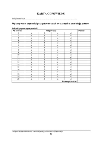 „Projekt współfinansowany z Europejskiego Funduszu Społecznego”
40
KARTA ODPOWIEDZI
Imię i nazwisko …………………………………………………………………..
Wykonywanie czynności przygotowawczych związanych z produkcją potraw
Zakreśl poprawną odpowiedź
Nr zadania Odpowiedź Punkty
1 a b c d
2 a b c d
3 a b c d
4 a b c d
5 a b c d
6 a b c d
7 a b c d
8 a b c d
9 a b c d
10 a b c d
11 a b c d
12 a b c d
13 a b c d
14 a b c d
15 a b c d
16 a b c d
17 a b c d
18 a b c d
19 a b c d
20 a b c d
Razem punktów:
 