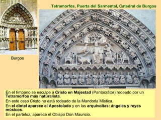 Tetramorfos, Puerta del Sarmental, Catedral de Burgos




  Burgos




En el tímpano se esculpe a Cristo en Majestad (Pantocrátor) rodeado por un
Tetramorfos más naturalista.
En este caso Cristo no está rodeado de la Mandorla Mística.
En el dintel aparece el Apostolado y en las arquivoltas: ángeles y reyes
músicos.
En el parteluz, aparece el Obispo Don Mauricio.
 