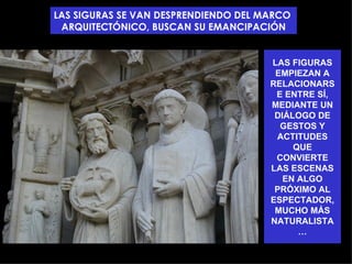LAS SIGURAS SE VAN DESPRENDIENDO DEL MARCO
 ARQUITECTÓNICO, BUSCAN SU EMANCIPACIÓN


                                      LAS FIGURAS
                                       EMPIEZAN A
                                      RELACIONARS
                                       E ENTRE SÍ,
                                      MEDIANTE UN
                                       DIÁLOGO DE
                                        GESTOS Y
                                       ACTITUDES
                                           QUE
                                       CONVIERTE
                                      LAS ESCENAS
                                         EN ALGO
                                       PRÓXIMO AL
                                      ESPECTADOR,
                                       MUCHO MÁS
                                      NATURALISTA
                                            …
 