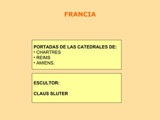 FRANCIA




PORTADAS DE LAS CATEDRALES DE:
• CHARTRES
• REIMS
• AMIENS.



ESCULTOR:

CLAUS SLUTER
 