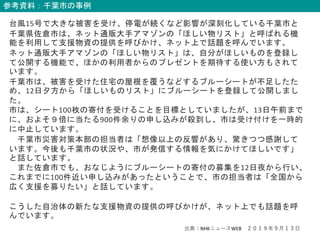 参考資料：千葉市の事例
台風15号で大きな被害を受け、停電が続くなど影響が深刻化している千葉市と
千葉県佐倉市は、ネット通販大手アマゾンの「ほしい物リスト」と呼ばれる機
能を利用して支援物資の提供を呼びかけ、ネット上で話題を呼んでいます。
ネット通販大手アマゾンの「ほしい物リスト」は、自分がほしいものを登録し
て公開する機能で、ほかの利用者からのプレゼントを期待する使い方もされて
います。
千葉市は、被害を受けた住宅の屋根を覆うなどするブルーシートが不足したた
め、12日夕方から「ほしいものリスト」にブルーシートを登録して公開しまし
た。
市は、シート100枚の寄付を受けることを目標としていましたが、13日午前まで
に、およそ９倍に当たる900件余りの申し込みが殺到し、市は受け付けを一時的
に中止しています。
千葉市災害対策本部の担当者は「想像以上の反響があり、驚きつつ感謝して
います。今後も千葉市の状況や、市が発信する情報を気にかけてほしいです」
と話しています。
また佐倉市でも、おなじようにブルーシートの寄付の募集を12日夜から行い、
これまでに100件近い申し込みがあったということで、市の担当者は「全国から
広く支援を募りたい」と話しています。
こうした自治体の新たな支援物資の提供の呼びかけが、ネット上でも話題を呼
んでいます。
出典：NHKニュースWEB ２０１９年９月１３日
 