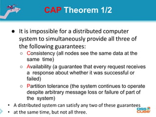 CAP Theorem 1/2
● It is impossible for a distributed computer
system to simultaneously provide all three of
the following ...
