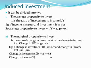 Induced investment
 It can be divided into two
1. The average propensity to invest
it is the ratio of investment to income I/Y
Eg if income is rs40cr and investment is rs 4cr
So average propensity to invest = I/Y = 4/40 =0.1
2) The marginal propensity to invest
is the ratio of change in investment to the change in income
i.e. Change in I/Change in Y
Eg: if change in investment (I) is rs 2cr and change in income
(Y) is rs 10cr.
Change in investment (I) = 2 = 0.2
Change in income (Y) 10
 