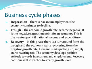 Business cycle phases
1. Depression – there is rise in unemployment the
economy continues to decline.
2. Trough – the economic growth rate become negative. It
is the negative saturation point for an economy. This is
the weaken point if national income and expenditure
3. Recovery – in this phase there is a turnaround form the
trough and the economy starts recovering from the
negative growth rate. Demand starts picking up, supply
starts reacting too. The economy develops positive
attitude towards investment and employment. Recovery
continues till it reaches to steady growth level.
 