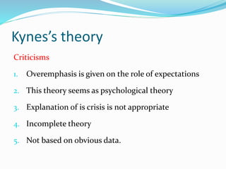 Kynes’s theory
Criticisms
1. Overemphasis is given on the role of expectations
2. This theory seems as psychological theory
3. Explanation of is crisis is not appropriate
4. Incomplete theory
5. Not based on obvious data.
 
