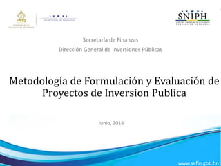 Metodología de Formulación y Evaluación de
Proyectos de Inversion Publica
Secretaría de Finanzas
Dirección General de Inversiones Públicas
www.sefin.gob.hn
Junio, 2014
 