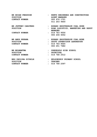 MR BRIAN FERGUSON : KENTZ ENGINEERS AND CONSTRUCTORS
POSITION ASSET MANAGER
CONTACT NUMBER 083 676 1721
011 203 9600
MR JEFFREY CARSTENS : EXXARO GROOTEGELUK COAL MINE
POSITION : ROAD LOGISTICS, MARKETING AND DEPOT
MANAGER
CONTACT NUMBER : 014 763 9556
083 234 4052
MR AMOS KEKANA : EXXARO GROOTEGELUK COAL MINE
POSITION : SHIFT SUPERVISOR LABORATORY
CONTACT NUMBER : 014 763 9020
083 251 7682
MR MOLWANTWA : PHEGELELO HIGH SCHOOL
POSITION : PRINCIPAL
CONTACT NUMBER : 014 768 2012
MRS PAULINA SITHOLE : NELSONSKOP PRIMARY SCHOOL
POSITION : TEACHER
CONTACT NUMBER : 014 768 2097
 