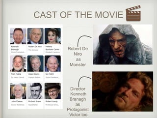 CAST OF THE MOVIE
Robert De
Niro
as
Monster
Director
Kenneth
Branagh
as
Protagonist
Victor too
 