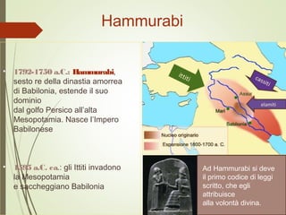 Hammurabi
• 1792-1750 a.C.: Hammurabi,
sesto re della dinastia amorrea
di Babilonia, estende il suo
dominio
dal golfo Persico all’alta
Mesopotamia. Nasce l’Impero
Babilonese
• 1595 a.C. ca.: gli Ittiti invadono
la Mesopotamia
e saccheggiano Babilonia
Ad Hammurabi si deve
il primo codice di leggi
scritto, che egli
attribuisce
alla volontà divina.
ittiti cassiti
elamiti
 