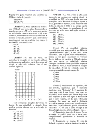 vicenteventura2112@yahoo.com.br   - Lista 103: MUV - vicenteventura.blogspot.com 4

foguete leva para percorrer uma distância de          UNIFESP 46A. Um avião a jato, para
800km, a partir do repouso.                     transporte de passageiros, precisa atingir a
       a) 32km/h                                velocidade de 252 km/h para decolar em uma
       b) 4,0x10 s
                2                               pista plana e reta. Para uma decolagem segura, o
                                                avião, partindo do repouso, deve percorrer uma
      UNIFESP 47a. Uma ambulância desloca- distância máxima de 1960 m até atingir aquela
se a 108 km/h num trecho plano de uma rodovia velocidade. Para tanto, os propulsores devem
quando um carro, a 72 km/h, no mesmo sentido imprimir ao avião uma aceleração mínima e
da ambulância, entra na sua frente a 100 m de constante de
distância, mantendo sua velocidade constante. A       (A) 1,25 m/s2.
mínima aceleração, em m/s , que a ambulância
                            2                         (B) 1,40 m/s2.
deve imprimir para não se chocar com o carro é,       (C) 1,50 m/s2.
em módulo, pouco maior que                            (D) 1,75 m/s2.
      (A) 0,5.                                        (E) 2,00 m/s2.
     (B) 1,0.
     (C) 2,5.                                              Fuvest 57c) A velocidade máxima
     (D) 4,5.                                        permitida em uma auto-estrada é de 110km/h
     (E) 6,0.                                        (aproximadamente 30m/s) e um carro, nessa
                                                     velocidade, leva 6s para parar completamente.
      UNIFESP 47b. Em um teste, um                   Diante de um posto rodoviário, os veículos
automóvel é colocado em movimento retilíneo          devem trafegar no máximo a 36km/h. Assim,
uniformemente acelerado a partir do repouso até      para que carros em velocidade máxima
atingir a velocidade máxima. Um técnico              consigam obedecer o limite permitido, ao passar
constrói o gráfico                                   em frente do posto, a placa referente à redução
                                                     de velocidade deverá ser colocada antes do
                                                     posto, a uma distância, pelo menos, de:
                                                           a) 40m
                                                           b) 60m
                                                           c) 80m
                                                           d) 90m
                                                           e) 100m

                                                       Fuvest 1) Procedimento de segurança, em
                                                 auto-estradas, recomenda que o motorista
                                                 mantenha uma “distância” de 2 segundos do
                                                 carro que está à sua frente, para que, se
                                                 necessário, tenha espaço para frear (“Regra dos
                                                 dois segundos”). Por essa regra, a distância D
                                                 que o carro percorre, em 2s, com velocidade
                                                 constante V0, deve ser igual à distância
      onde se registra a posição x do veículo em necessária para que o carro pare completamente
função de sua velocidade v. Através desse após frear. Tal procedimento, porém, depende da
gráfico, pode-se afirmar que a aceleração do velocidade V0 em que o carro trafega e da
veículo é                                        desaceleração máxima α fornecida pelos freios.
      (A) 1,5 m/s2.                                    a) Determine o intervalo de tempo T0, em
      (B) 2,0 m/s2.                              segundos, necessário para que o carro pare
      (C) 2,5 m/s2.                              completamente, percorrendo a distância D
      (D) 3,0 m/s2.                              referida.
      (E) 3,5 m/s2.                                    b) Represente, no sistema de eixos da
                                                 folha de resposta, a variação da desaceleração α
 