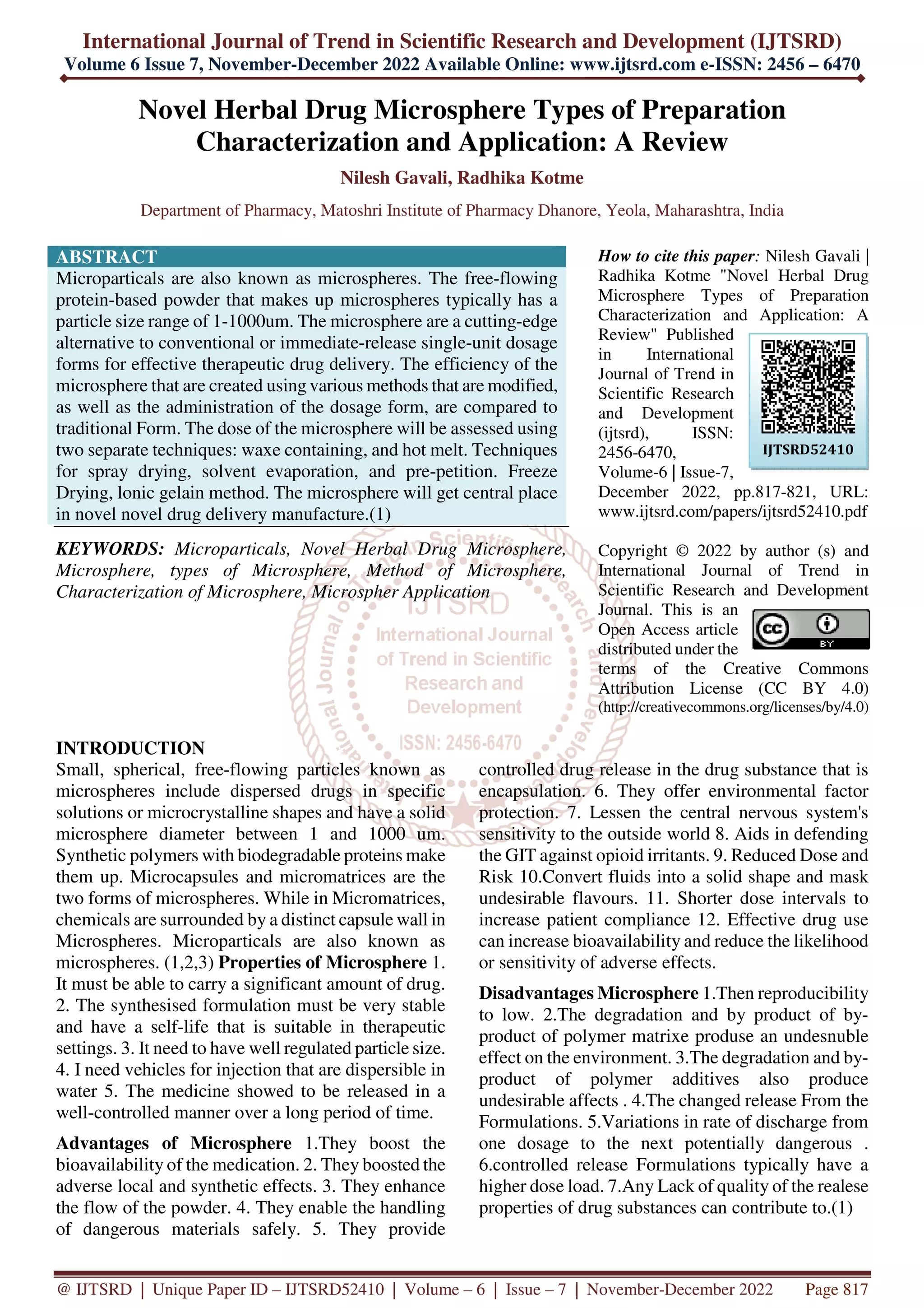 Novel Herbal Drug Microsphere Types of Preparation Characterization and ...
