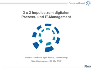 3 x 2 Impulse zum digitalen
Prozess- und IT-Management
Andreas Gadatsch, Ayelt Komus, Jan Mendling
Höhr-Grenzhausen, 30. Mai 2017
 