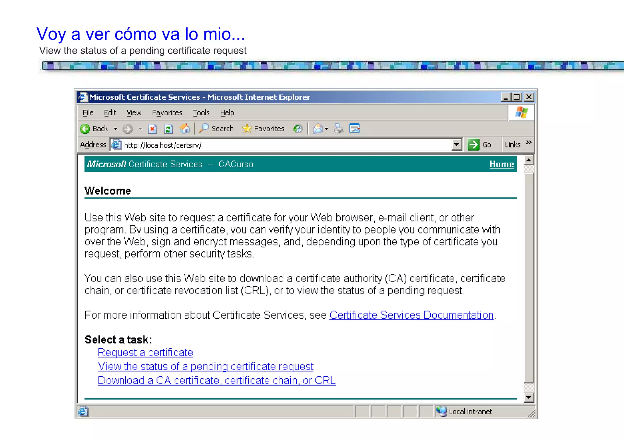Voy a ver cómo va lo mio...
View the status of a pending certificate request
 