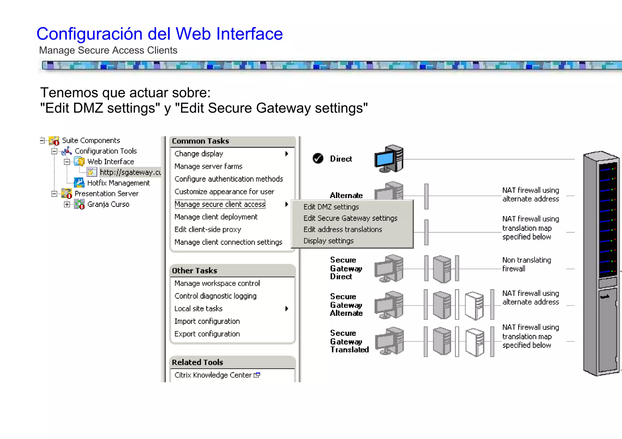 Configuración del Web Interface
Manage Secure Access Clients



Tenemos que actuar sobre:
"Edit DMZ settings" y "Edit Secure Gateway settings"
 