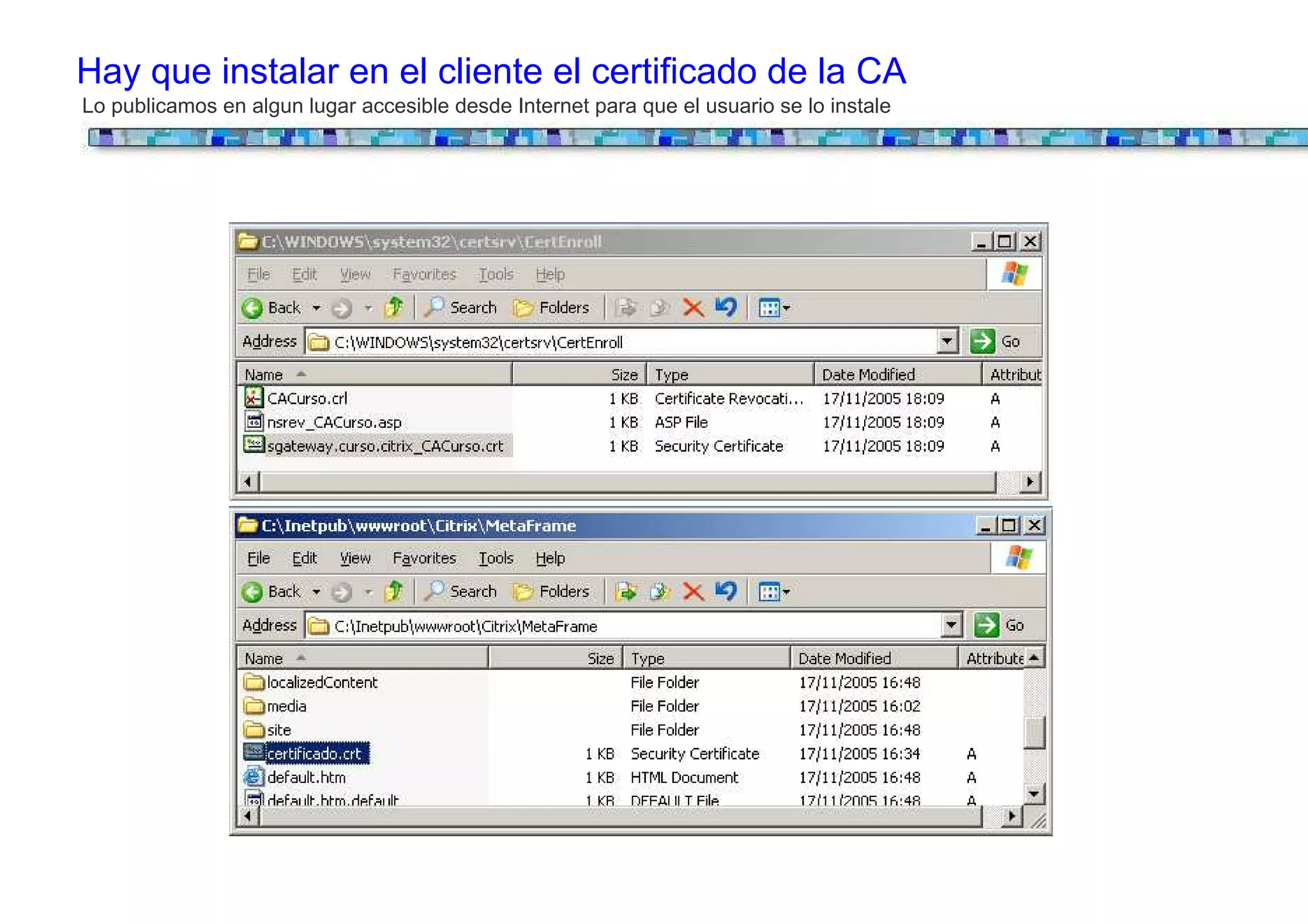 Hay que instalar en el cliente el certificado de la CA
Lo publicamos en algun lugar accesible desde Internet para que el usuario se lo instale
 