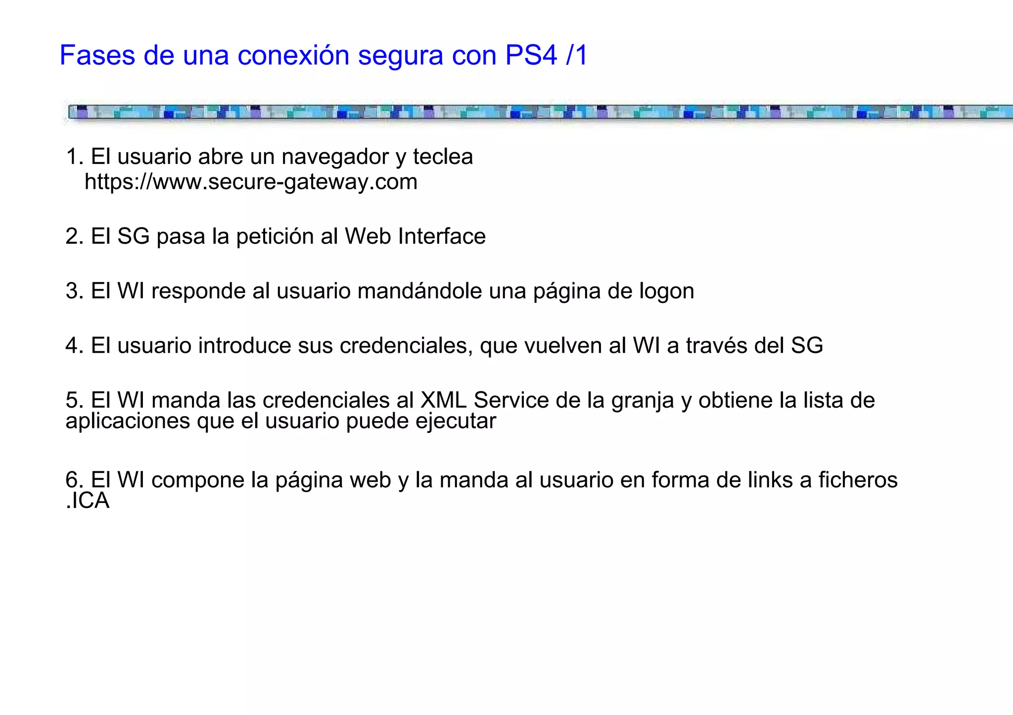 Fases de una conexión segura con PS4 /1


1. El usuario abre un navegador y teclea
  https://www.secure-gateway.com

2. El SG pasa la petición al Web Interface

3. El WI responde al usuario mandándole una página de logon

4. El usuario introduce sus credenciales, que vuelven al WI a través del SG

5. El WI manda las credenciales al XML Service de la granja y obtiene la lista de
aplicaciones que el usuario puede ejecutar

6. El WI compone la página web y la manda al usuario en forma de links a ficheros
.ICA
 