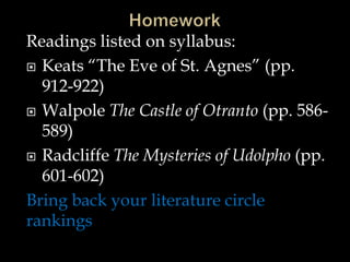 Readings listed on syllabus:
 Keats “The Eve of St. Agnes” (pp.
912-922)
 Walpole The Castle of Otranto (pp. 586-
589)
 Radcliffe The Mysteries of Udolpho (pp.
601-602)
Bring back your literature circle
rankings
 