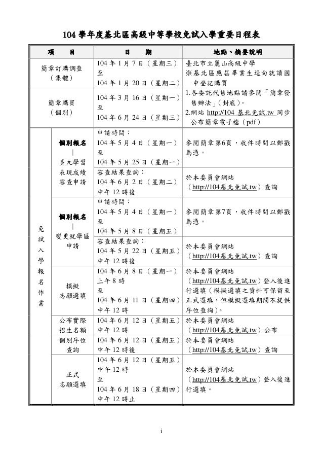 104å­¸å¹´åº¦åŸºåŒ—å€é«˜ç´šä¸­ç­‰å­¸æ ¡å…è©¦å…¥å­¸ç°¡ç« 