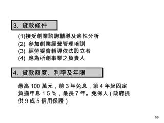 5656
3. 貸款條件3. 貸款條件
(1)接受創業諮詢輔導及適性分析
(2) 參加創業經營管理培訓
(3) 經勞委會輔導依法設立者
(4) 應為所創事業之負責人
4. 貸款額度、利率及年限4. 貸款額度、利率及年限
最高 100 萬元，前 3 年免息，第 4 年起固定
負擔年息 1.5 ％，最長 7 年。免保人 ( 政府提
供 9 成 5 信用保證）
 