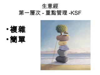 生意經
第一層次 - 重點管理 -KSF
• 複雜複雜
• 簡單簡單
 