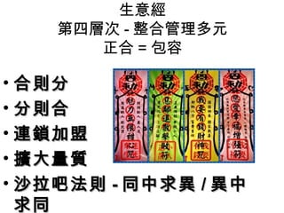 生意經
第四層次 - 整合管理多元
正合 = 包容
• 合則分合則分
• 分則合分則合
• 連鎖加盟連鎖加盟
• 擴大量質擴大量質
• 沙拉吧法則沙拉吧法則 -- 同中求異同中求異 // 異中異中
求同求同
 