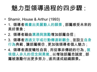 魅力型領導過程的四步驟 :
• Shamir, House & Arthur (1993)
• 1. 領導者構畫出美麗動人的願景 , 部屬感受未來的
美好景象 ;
• 2. 領導者藉由溝通與激勵增加部屬自信 ;
• 3. 領導者透過文字或行動傳達新觀念 , 並設立自身
行為典範 , 讓部屬模仿 , 更加強領導者個人魅力 ;
• 4. 領導者適度犧牲自我 , 而從事非傳統的行為 , 展
現個人非凡的信念與勇氣 , 以增強部屬忠誠度 , 部
屬被激勵付出更多努力 , 進而達成組織願景。
 