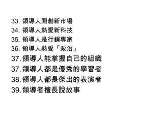33. 領導人開創新市場
34. 領導人熱愛新科技
35. 領導人是行銷專家
36. 領導人熱愛「政治」
37.領導人能掌握自己的組織
37.領導人都是優秀的學習者
38.領導人都是傑出的表演者
39.領導者擅長說故事
 
