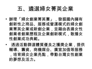 五、遴選婦女菁英企業
• 辦理「婦女創業菁英賽」，發掘國內擁有
創新性之商品、服務或營運模式的婦女創
業菁英企業或新創企業，並藉由表揚女性
創業者創業歷程及企業創新模式，散播女
性創業成功典範。
• 透過活動篩選體質優良之獲獎企業，提供
輔導、籌資、商機媒合、廣宣加值等服務
，培育婦女企業亮點，帶動台灣女性創業
的夢想及活力。
 
