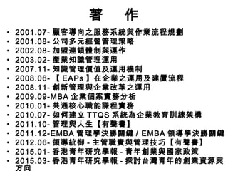 著 作
• 2001.07- 顧客導向之服務系統與作業流程規劃
• 2001.08- 公司多元經營管理策略
• 2002.08- 加盟連鎖體制與運作
• 2003.02- 產業知識管理運用
• 2007.11- 知識管理價值及運用機制
• 2008.06- 【 EAPs 】在企業之運用及建置流程
• 2008.11- 創新管理與企業改革之運用
• 2009.09-MBA 企業個案實務分析
• 2010.01- 共通核心職能課程實務
• 2010.07- 如何建立 TTQS 系統為企業教育訓練架構
• 2011.10- 管理與人生【有聲書】
• 2011.12-EMBA 管理學決勝關鍵 / EMBA 領導學決勝關鍵
• 2012.06- 領導統御 - 主管職責與管理技巧【有聲書】
• 2015.01- 香港青年研究學報 - 青年創業與國家政策
• 2015.03- 香港青年研究學報 - 探討台灣青年的創業資源與
方向
 