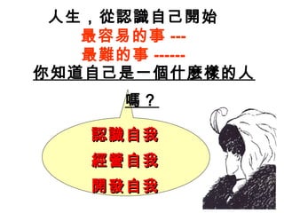 人生，從認識自己開始
最容易的事 ---
最難的事 ------
你知道自己是一個什麼樣的人
嗎？
認識自我認識自我
經營自我經營自我
開發自我開發自我
 