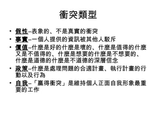 衝突類型
• 假性–表象的、不是真實的衝突
• 事實–一個人提供的資訊被其他人駁斥
• 價值–什麼是好的什麼是壞的、什麼是值得的什麼
又是不值得的、什麼是想要的什麼是不想要的、
什麼是道德的什麼是不道德的深層信念
• 政策–什麼是處理問題的合適計畫、執行計畫的行
動以及行為
• 自我–「贏得衝突」是維持個人正面自我形象最重
要的工作
 