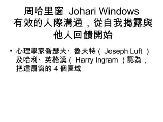 周哈里窗 Johari Windows
有效的人際溝通，從自我揭露與
他人回饋開始
• 心理學家喬瑟夫・魯夫特（ Joseph Luft ）
及哈利・英格漢（ Harry Ingram ）認為，
把這扇窗的 4 個區域
 
