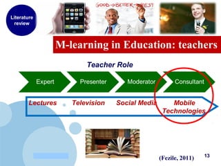 www.company.com
M-learning in Education: teachers
Literature
review
Teacher Role
(Fezile, 2011)
Lectures Television Social Media Mobile
Technologies
13
 