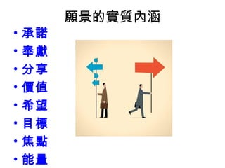 願景的實質內涵
• 承諾
• 奉獻
• 分享
• 價值
• 希望
• 目標
• 焦點
• 能量
 