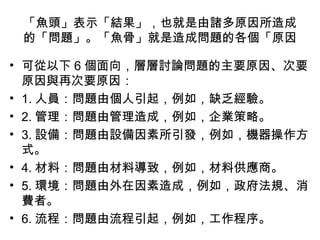 「魚頭」表示「結果」，也就是由諸多原因所造成
的「問題」。「魚骨」就是造成問題的各個「原因
• 可從以下 6 個面向，層層討論問題的主要原因、次要
原因與再次要原因：
• 1. 人員：問題由個人引起，例如，缺乏經驗。
• 2. 管理：問題由管理造成，例如，企業策略。
• 3. 設備：問題由設備因素所引發，例如，機器操作方
式。
• 4. 材料：問題由材料導致，例如，材料供應商。
• 5. 環境：問題由外在因素造成，例如，政府法規、消
費者。
• 6. 流程：問題由流程引起，例如，工作程序。
 