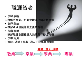 職涯智者
• 知所依循
-- 瞭解各產業、企業中職涯相關遊戲規則
• 知所啟始
-- 瞭解所欲發展職涯之產業重鎮
• 知其時機
-- 瞭解職涯各歷程重大抉擇與行動之時機
• 知其所用
-- 適時 / 適地 / 適事 / 適人下發揮最大價值
晉階 達人 步驟
敬業 樂業 學業 專業
 