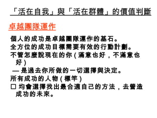 「活在自我」與「活在群體」的價值判斷
卓越團隊運作
個人的成功是卓越團隊運作的基石。
全方位的成功目標需要有效的行動計劃。
不管怎麼說現在的你 ( 滿意也好，不滿意也
好 )
— 是過去你所做的一切選擇與決定。
所有成功的人物 ( 標竿 )
 均會選擇找出最合適自己的方法，去營造
成功的未來。
 
