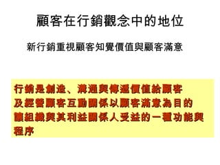 顧客在行銷觀念中的地位
新行銷重視顧客知覺價值與顧客滿意
行銷是創造、溝通與傳遞價值給顧客行銷是創造、溝通與傳遞價值給顧客
及經營顧客互動關係以顧客滿意為目的及經營顧客互動關係以顧客滿意為目的
讓組織與其利益關係人受益的一種功能與讓組織與其利益關係人受益的一種功能與
程序程序
 