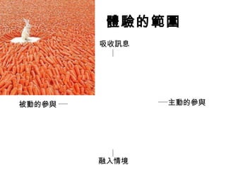 體驗的範圍
融入情境
被動的參與
吸收訊息
主動的參與
 