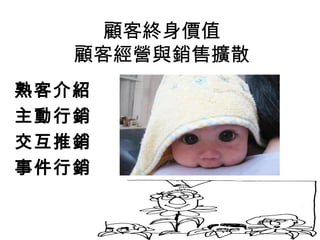 顧客終身價值
顧客經營與銷售擴散
熟客介紹
主動行銷
交互推銷
事件行銷
 